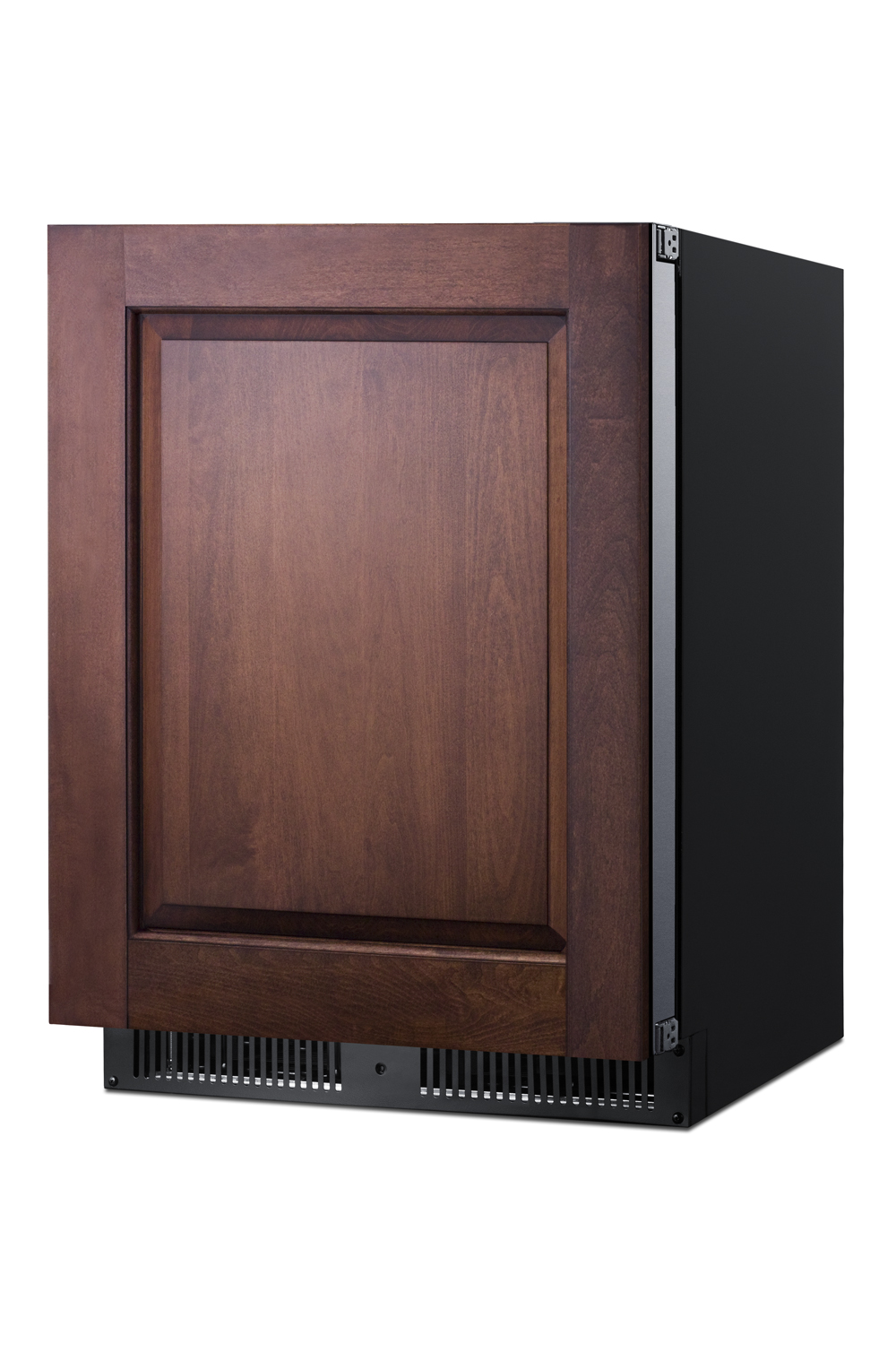 Built-in undercounter ADA compliant all-refrigerator with panel-ready door, black cabinet, door storage, and digital controls